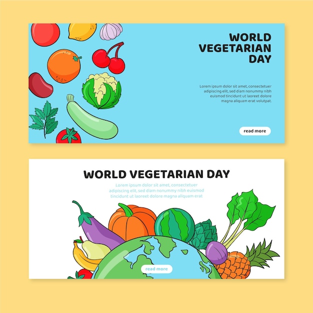Бесплатное векторное изображение Набор рисованной всемирный вегетарианский день горизонтальные баннеры