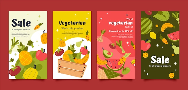 Vettore gratuito collezione di post di vendita instagram giornata vegetariana disegnata a mano