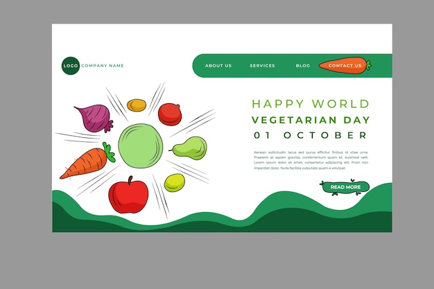 Бесплатное векторное изображение Нарисованный рукой шаблон целевой страницы всемирного вегетарианского дня