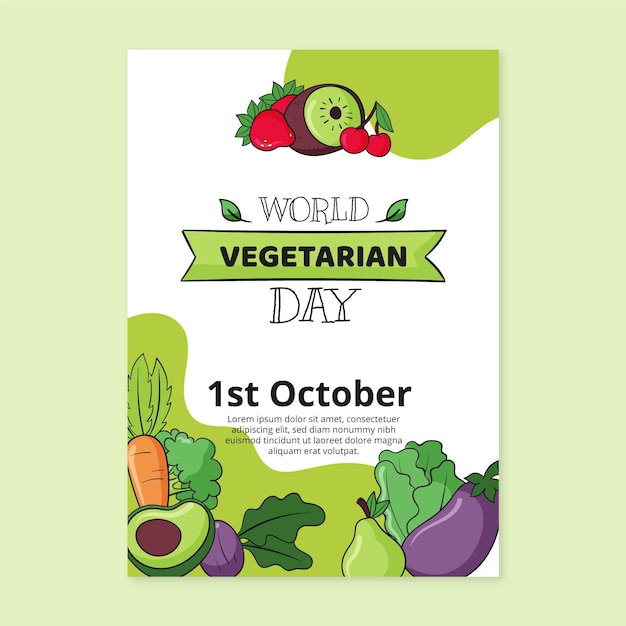 Нарисованный рукой шаблон вертикального плаката всемирного вегетарианского дня