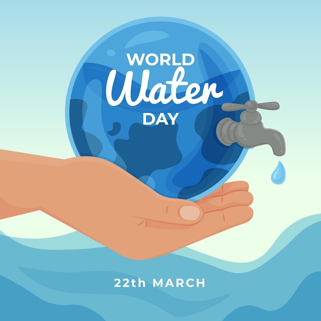 hand-drawn world water day illustration with hand holding planet with tap