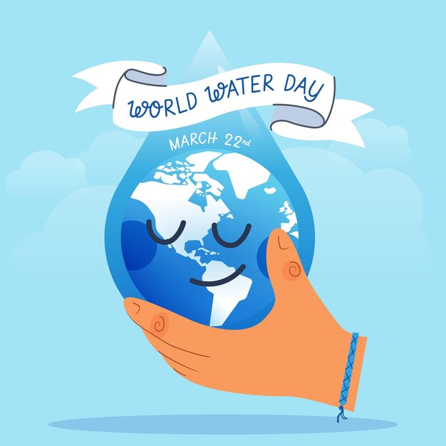 Hand-drawn world water day illustration with hand holding planet