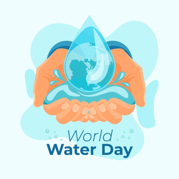 Vettore gratuito illustrazione disegnata a mano della giornata mondiale dell'acqua con le mani e la goccia d'acqua