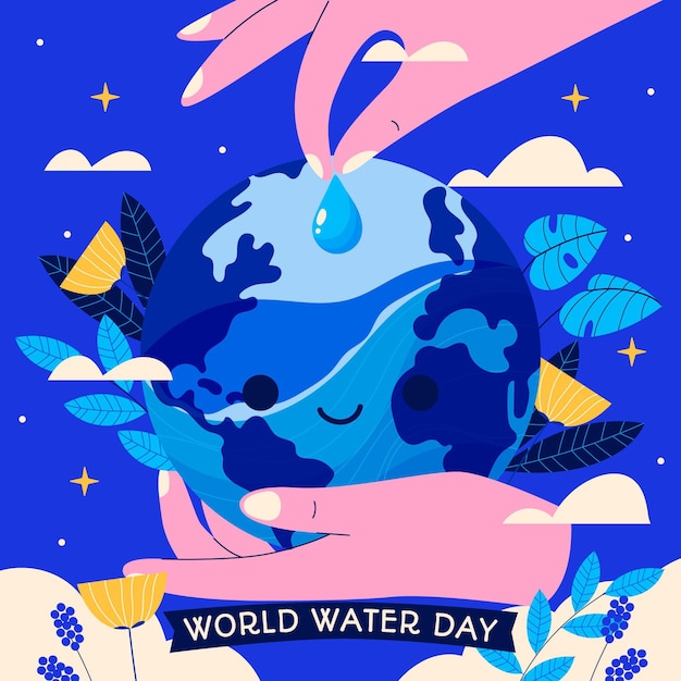 惑星に水をまく手と手描きの世界水の日のイラスト