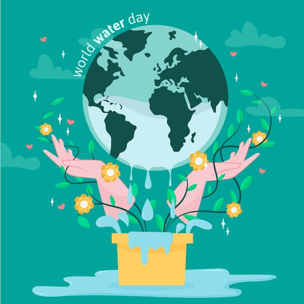 Hand-drawn world water day illustration with planet and flowers