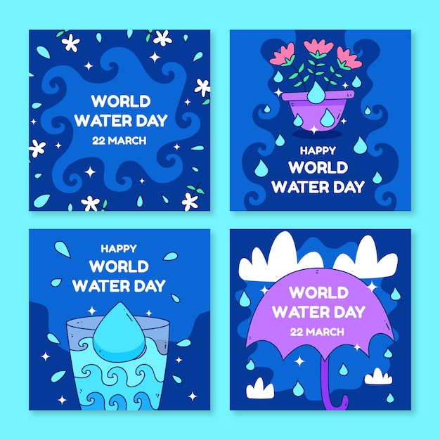 Collezione di post instagram della giornata mondiale dell'acqua disegnata a mano