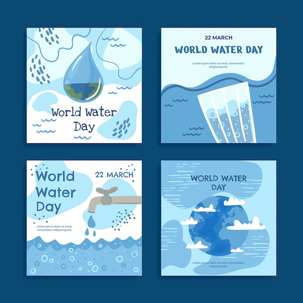 Vettore gratuito collezione di post instagram della giornata mondiale dell'acqua disegnata a mano