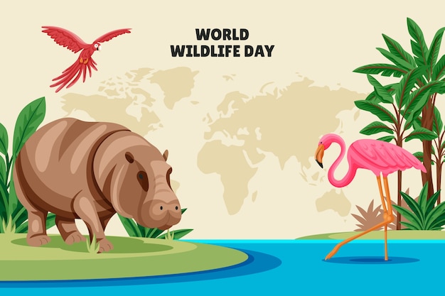 Free vector hand drawn world wildlife background with flora and fauna