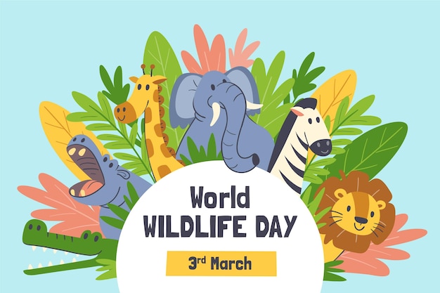 Hand-drawn world wildlife day illustration with animals