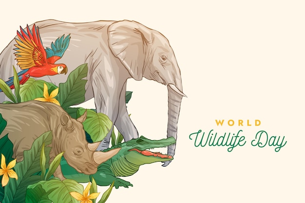 Vettore gratuito illustrazione disegnata a mano della giornata mondiale della fauna selvatica con gli animali