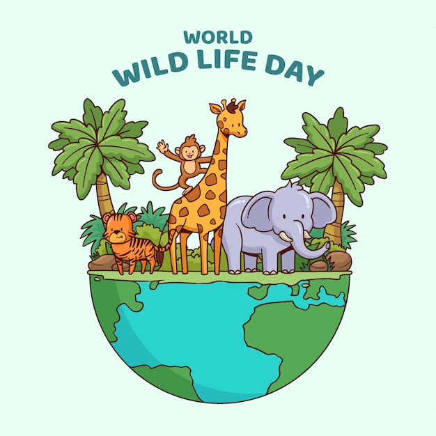 Бесплатное векторное изображение Нарисованная рукой иллюстрация всемирного дня дикой природы