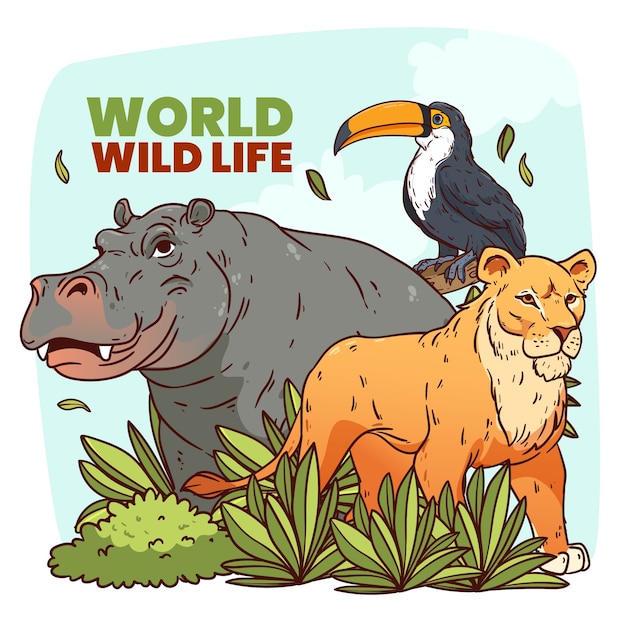 Hand drawn world wildlife day illustration