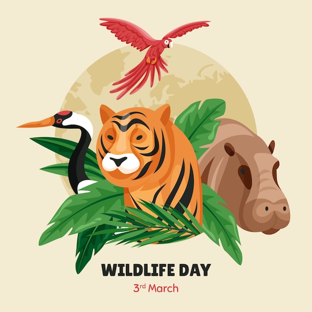 Бесплатное векторное изображение Нарисованная рукой иллюстрация дикой природы мира с флорой и фауной