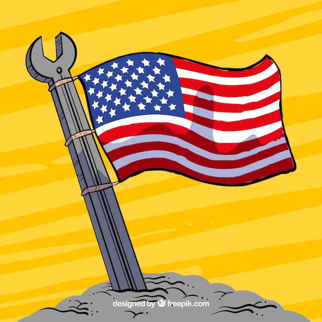 Hand drawn wrench with the american flag waving