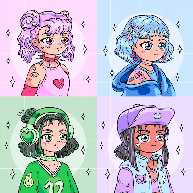 Hand drawn y2k girls illustration