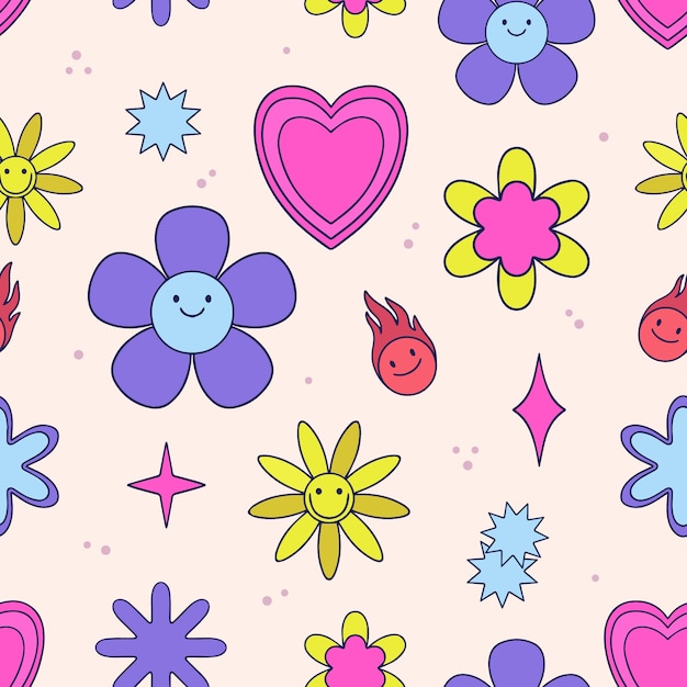 Free vector hand drawn y2k pattern with flowers