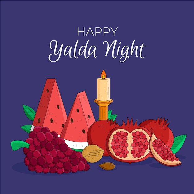 Sfondo yalda disegnato a mano con frutta e candela