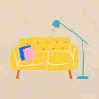 Free vector hand drawn yellow sofa vector furniture in colorful flat graphic style