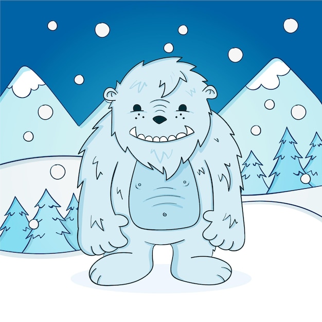 Vettore gratuito illustrazione disegnata a mano abominevole del pupazzo di neve di yeti