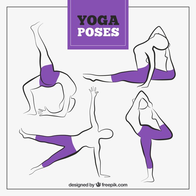 Hand drawn yoga poses with purple leggings