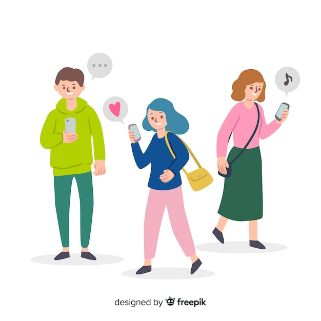 Hand drawn young people holding smartphones