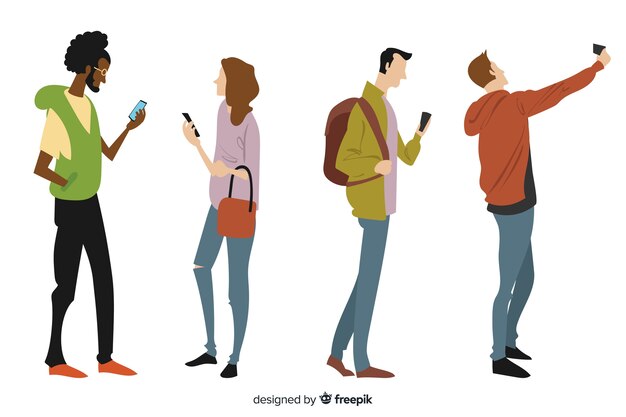 Hand drawn young people holding smartphones 