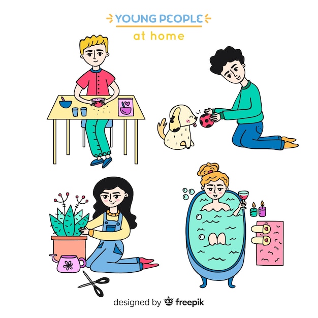 Hand drawn young people at home