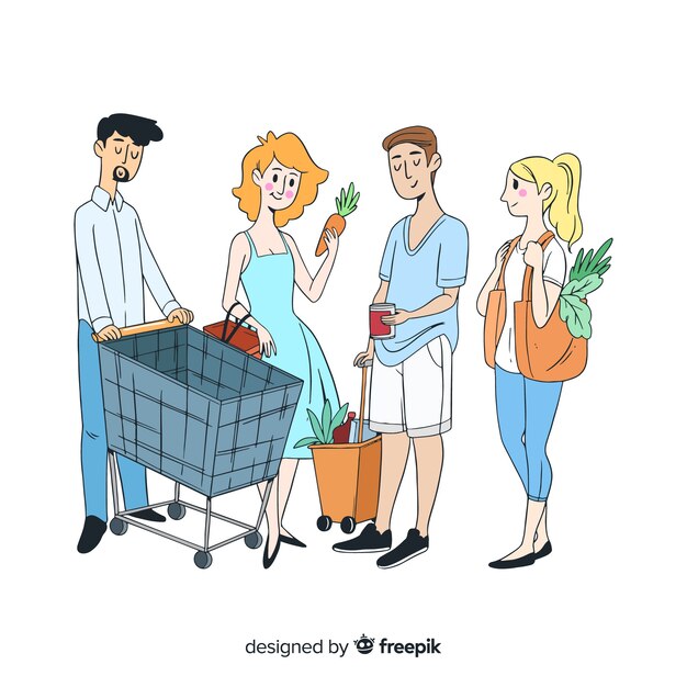 Hand drawn young people in the supermarket