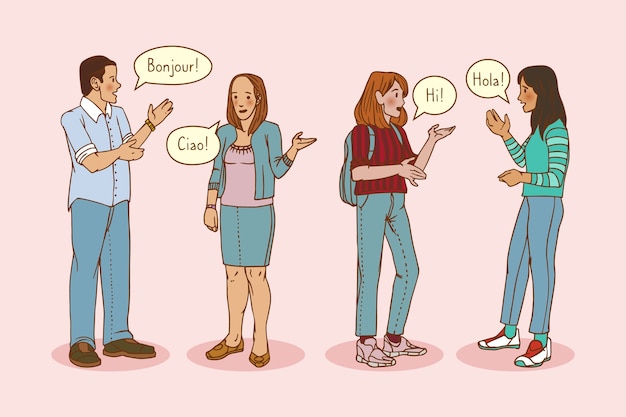 Free vector hand drawn young people talking in different languages collection