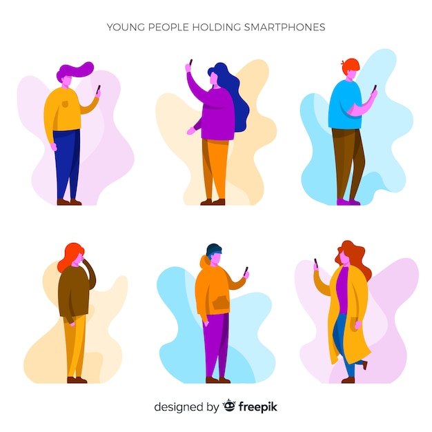 Hand drawn young people using smartphone set