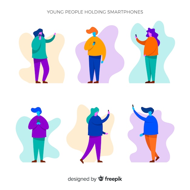 Free vector hand drawn young people using smartphone set