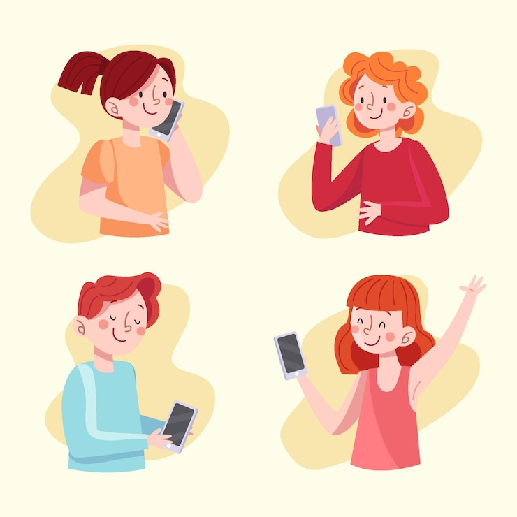 無料Vector スマートフォンを使用して手描きの若者