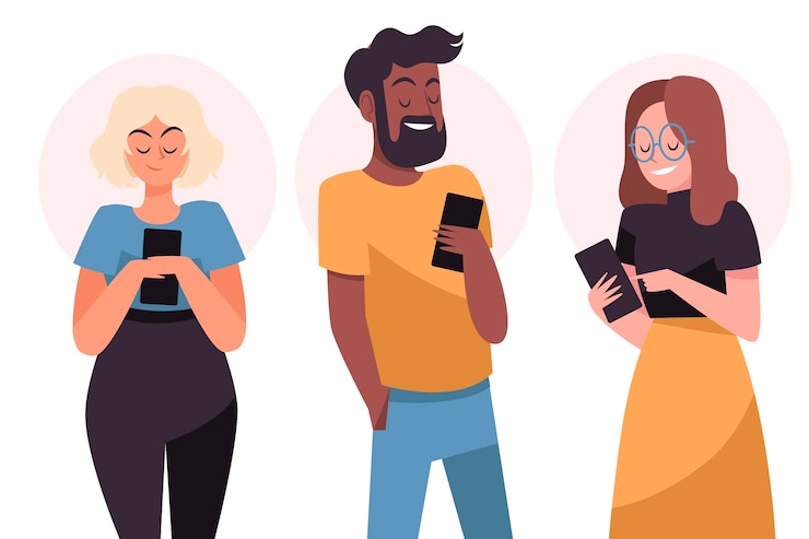 無料Vector スマートフォンを使用して手描きの若者