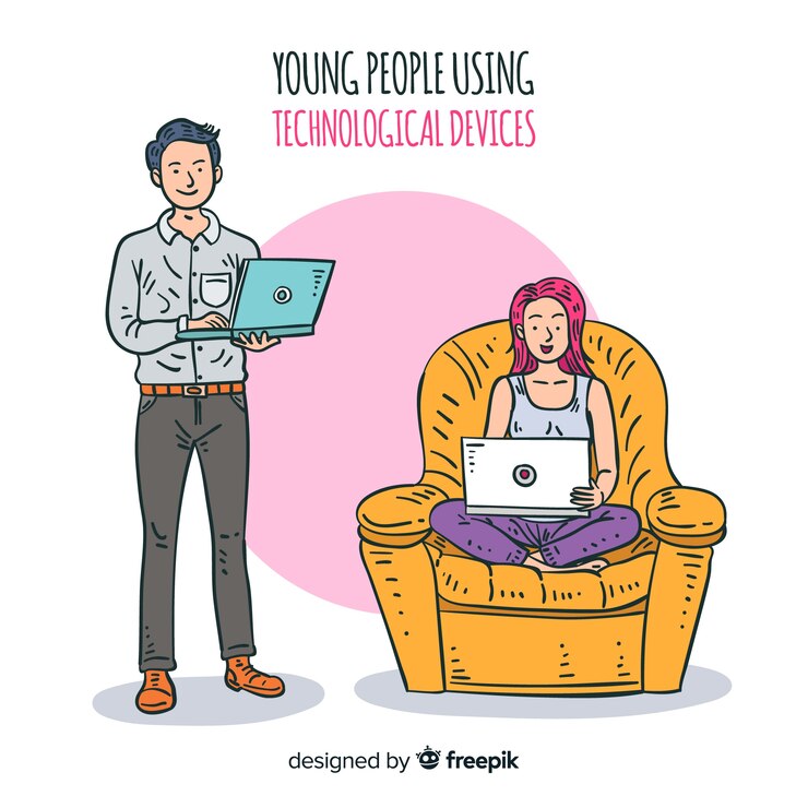 Free Vector hand drawn young people using technological device pack