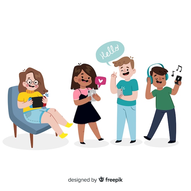 Free vector hand drawn young people using technological device pack