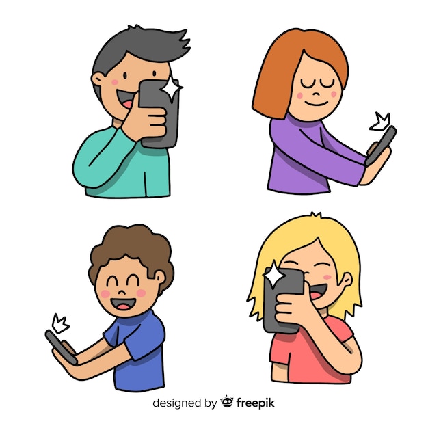 Hand drawn young people using technological devices