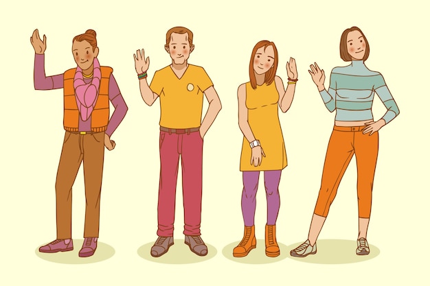 Free vector hand drawn young people waving hand set