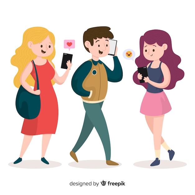 Free vector hand drawn young people with smartphone