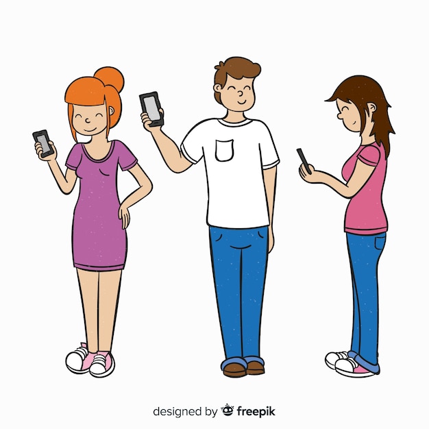 Hand drawn young people with smartphone