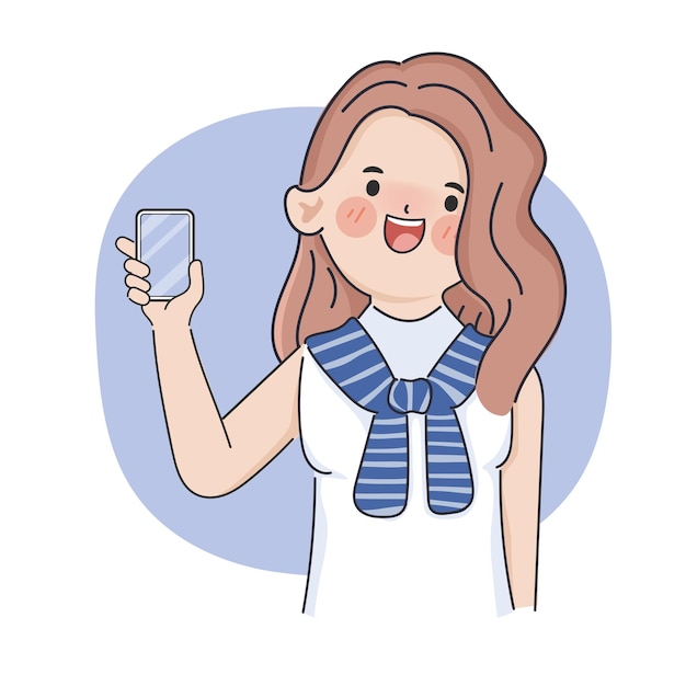 Hand drawn young woman using smartphone to communication social media character