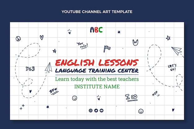 Arte del canale youtube disegnata a mano per lezioni di apprendimento dell'inglese