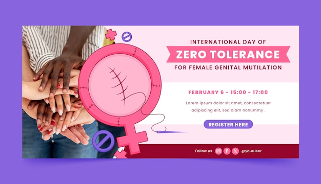 Vettore gratuito modello di striscione orizzontale disegnato a mano con tolleranza zero per le mutilazioni genitali femminili