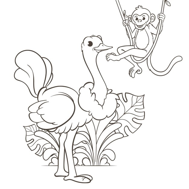 Hand drawn zoo animals coloring page illustration