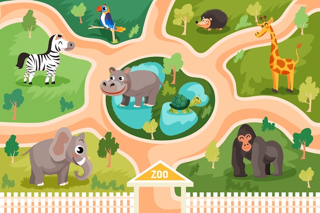 Бесплатное векторное изображение Нарисованная рукой иллюстрация карты зоопарка