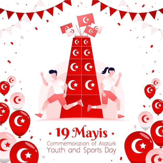 Hand drawnturkish commemoration of ataturk, youth and sports day illustration