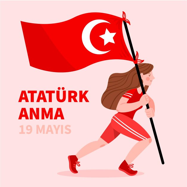 アタテュルク、青年、スポーツデーのイラストの手描きトルコ記念