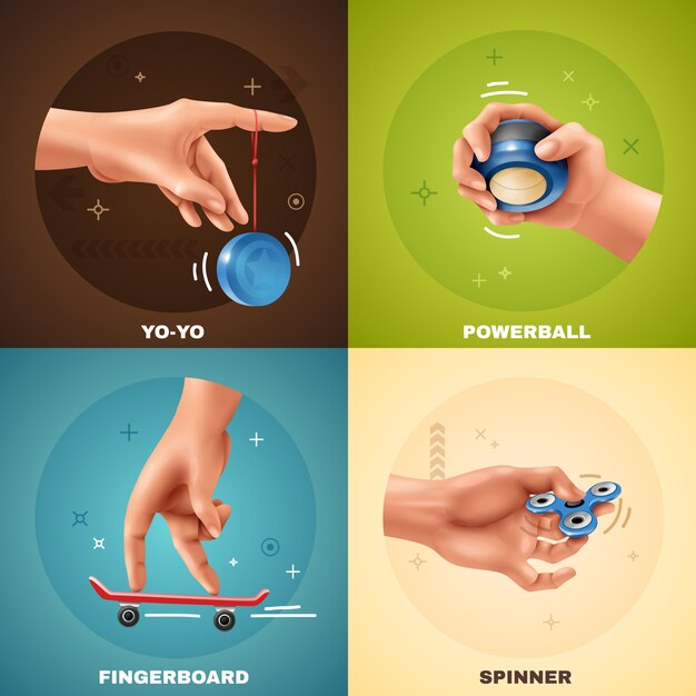 Hand games realistic concept with yoyo fingerboard powerball and spinner isolated on colorful