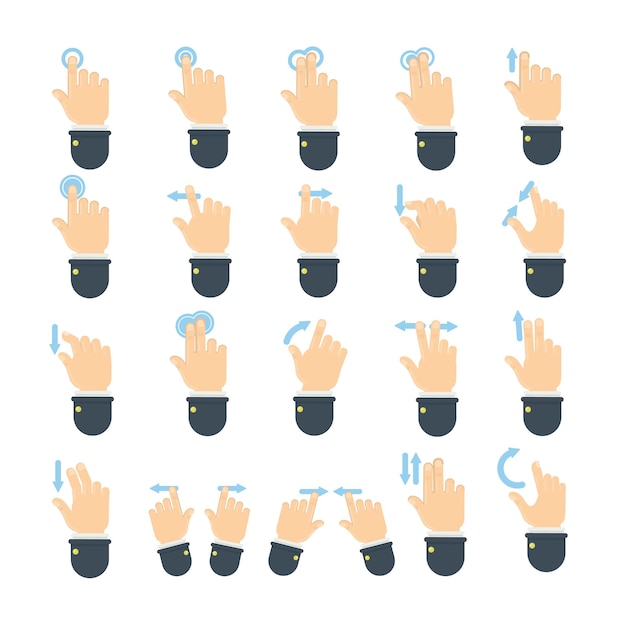 Gesti della mano impostati mano nella tuta che mostra i gesti techno come trascinare e fare clic