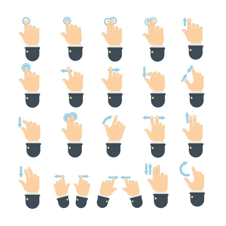 Free Vector hand gestures set hand in suit showing techno gestures as swipe drag and click