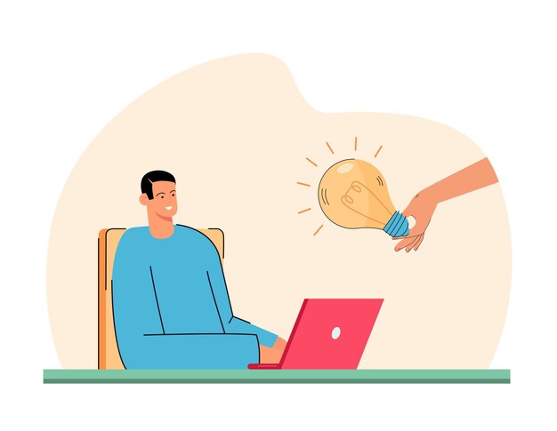 Hand giving lightbulb to happy businessman at laptop. Office worker getting new idea flat vector illustration. Startup, creativity, innovation concept for banner, website design or landing web page